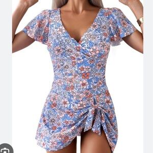 New with tags Eagerbuy women’s swim dress, blue with orange floral print size M